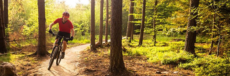 Mountainbiker auf einem Fully fährt einen Trail im Wald